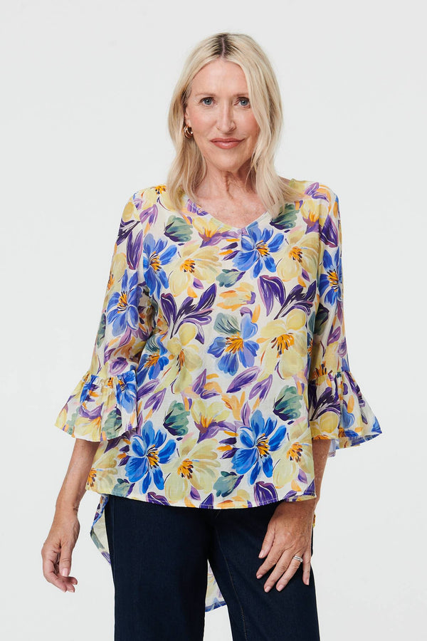 Blue | Floral Flare 3/4 Sleeve Relaxed Blouse
