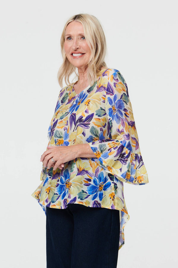 Blue | Floral Flare 3/4 Sleeve Relaxed Blouse