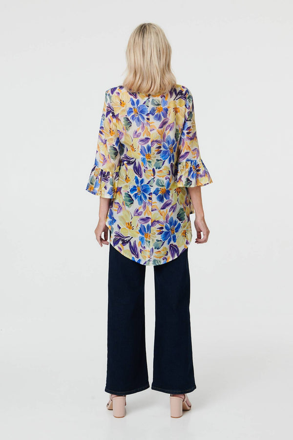 Blue | Floral Flare 3/4 Sleeve Relaxed Blouse
