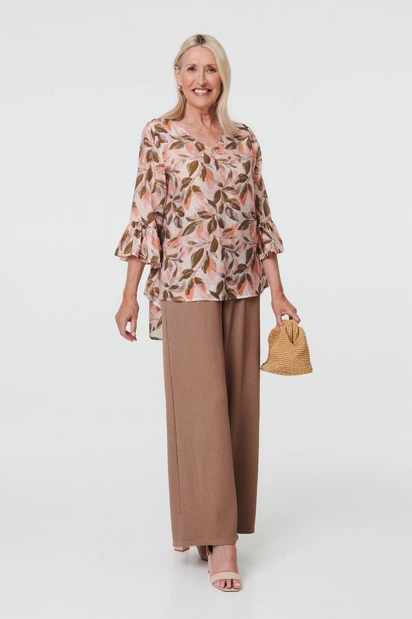Pink | Leaf Print 3/4 Flared Sleeve Blouse