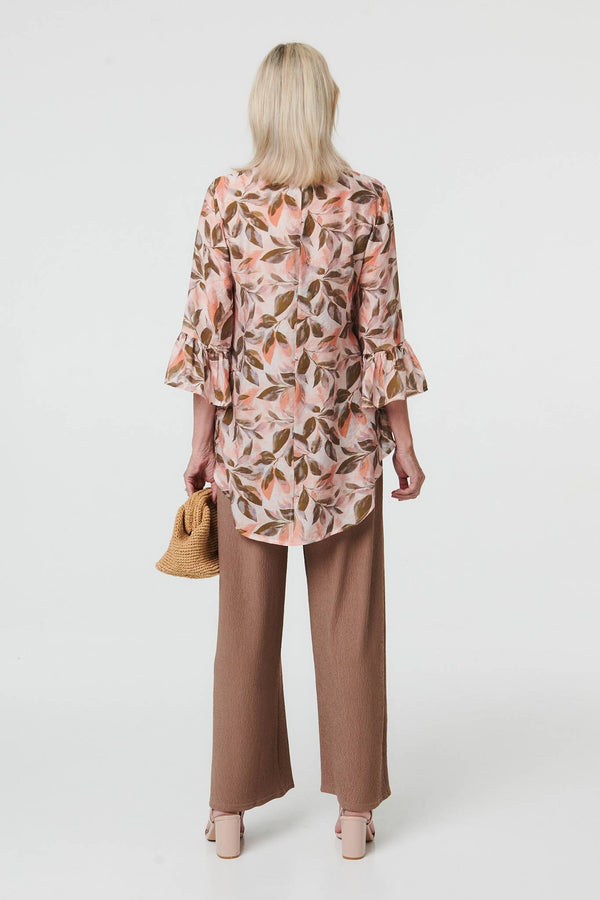 Pink | Leaf Print 3/4 Flared Sleeve Blouse
