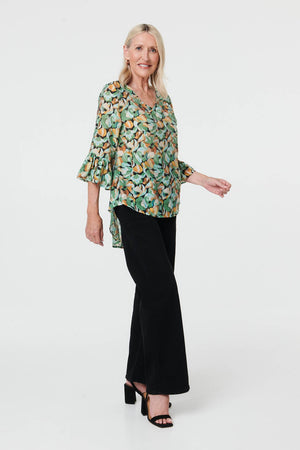Green | Floral Relaxed 3/4 Flared Sleeve Blouse