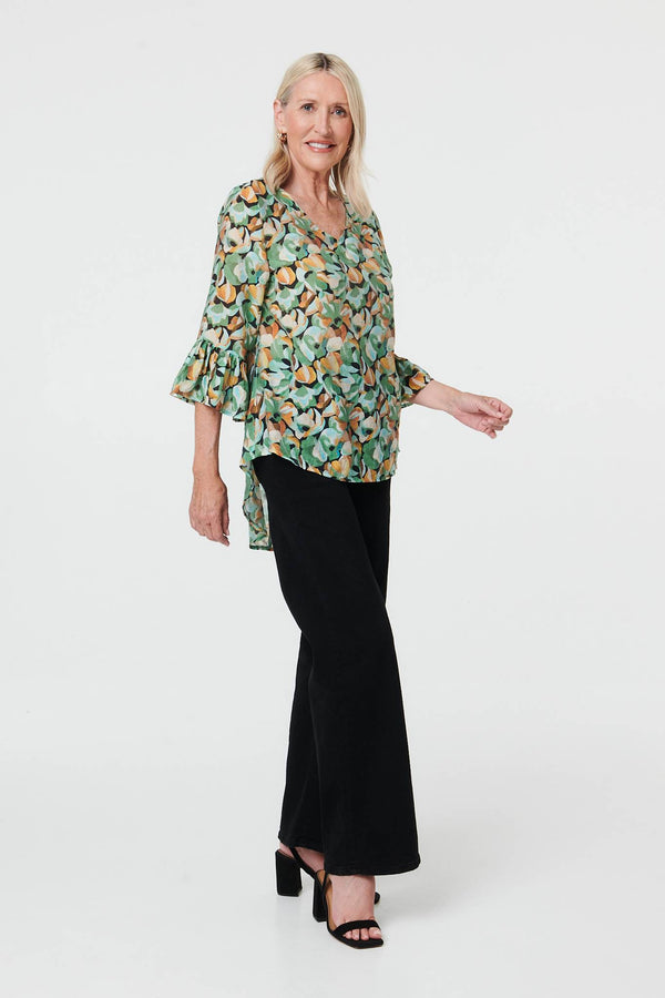 Green | Floral Relaxed 3/4 Flared Sleeve Blouse