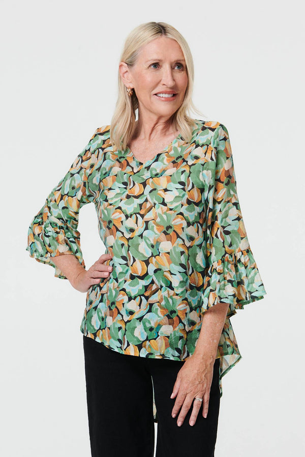Green | Floral Relaxed 3/4 Flared Sleeve Blouse