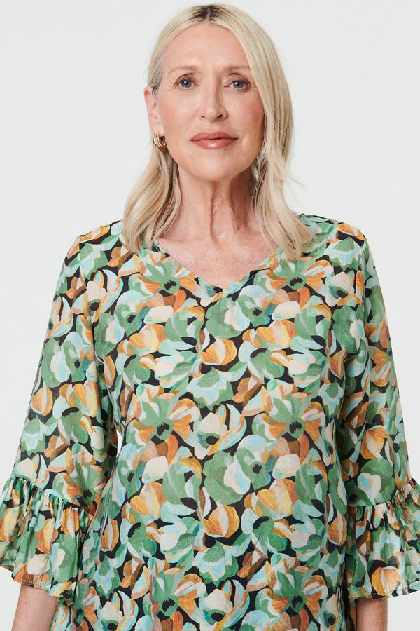Green | Floral Relaxed 3/4 Flared Sleeve Blouse