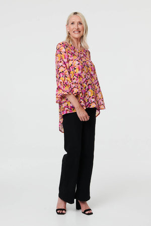 Pink | Floral Relaxed 3/4 Flared Sleeve Blouse