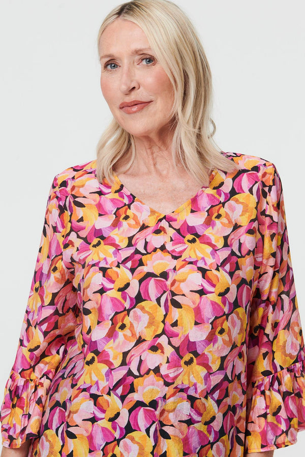 Pink | Floral Relaxed 3/4 Flared Sleeve Blouse