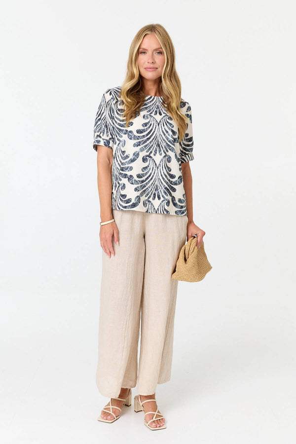 Navy | Printed 1/2 Sleeve Relaxed Blouse Top