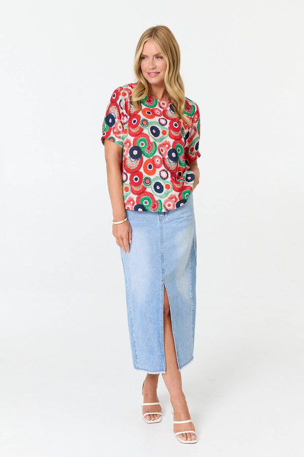 White | Abstract Short Sleeve Relaxed Blouse Top