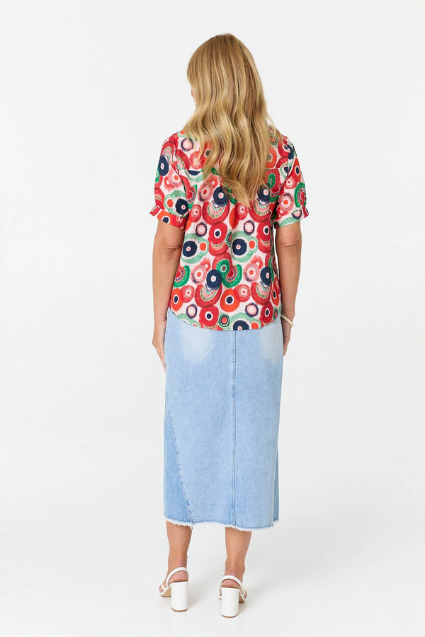 White | Abstract Short Sleeve Relaxed Blouse Top