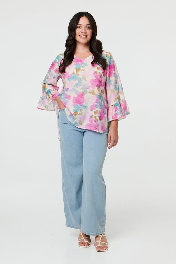 Pink | Curve Floral 3/4 Flare Sleeve Blouse
