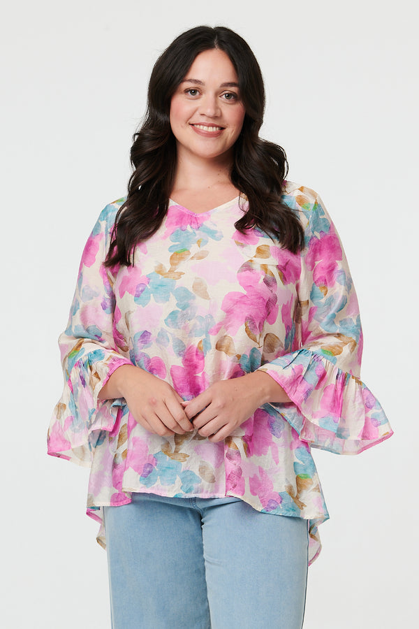 Pink | Curve Floral 3/4 Flare Sleeve Blouse
