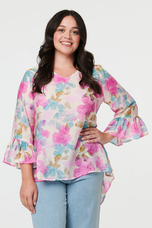 Pink | Curve Floral 3/4 Flare Sleeve Blouse
