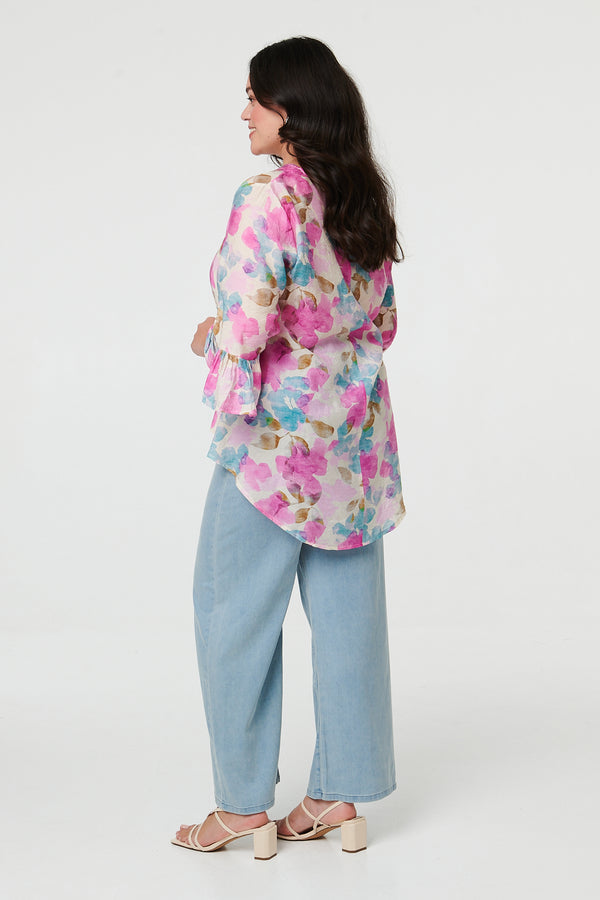 Pink | Curve Floral 3/4 Flare Sleeve Blouse
