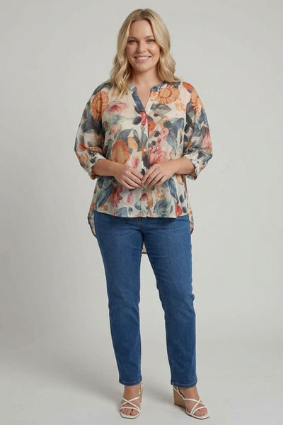 Blue | Curve Abstract Floral Curved Hem Blouse