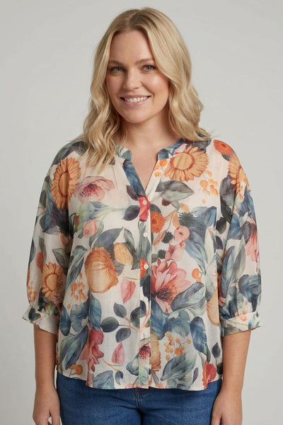 Blue | Curve Abstract Floral Curved Hem Blouse
