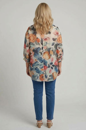 Blue | Curve Abstract Floral Curved Hem Blouse