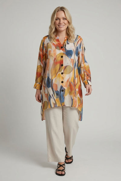 Yellow | Curve Abstract Long Sleeve Tunic Shirt
