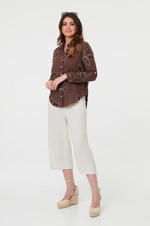 Brown | Floral Embroidered Detail Relaxed Shirt