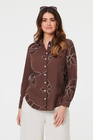 Brown | Floral Embroidered Detail Relaxed Shirt