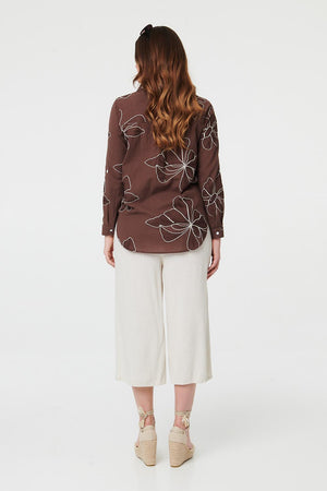 Brown | Floral Embroidered Detail Relaxed Shirt