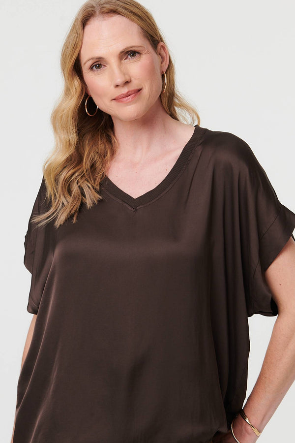 Brown | Relaxed Batwing Short Sleeve Relaxed Top