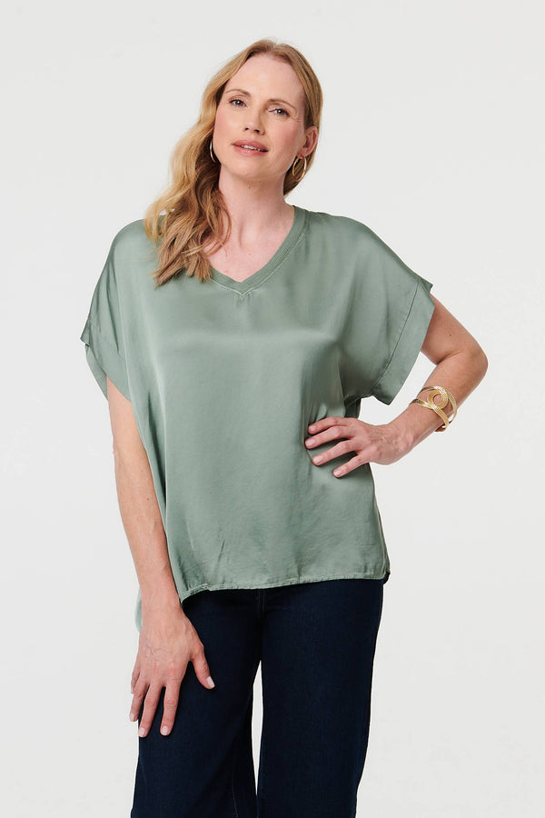 Khaki | Relaxed Batwing Short Sleeve Relaxed Top