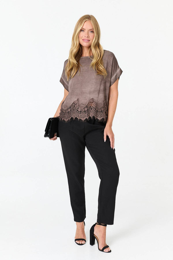 Brown | Lace Trim Relaxed Cap Sleeve Top
