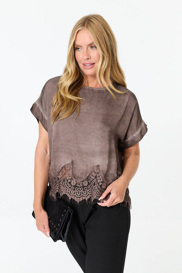Brown | Lace Trim Relaxed Cap Sleeve Top
