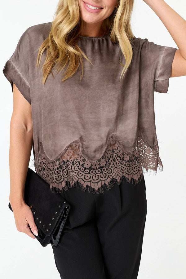 Brown | Lace Trim Relaxed Cap Sleeve Top