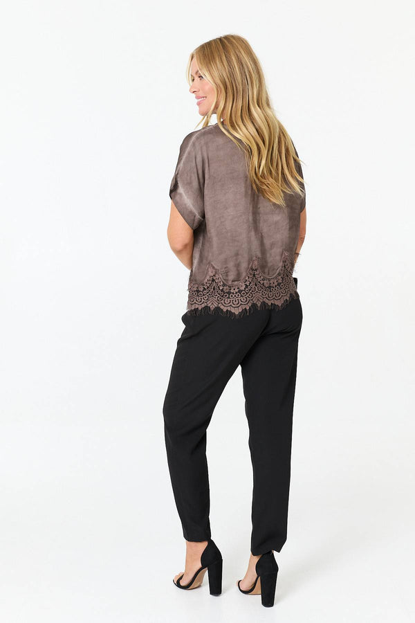 Brown | Lace Trim Relaxed Cap Sleeve Top