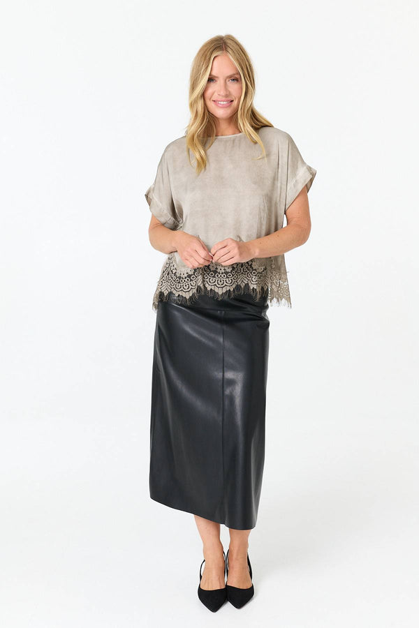 Taupe | Lace Trim Relaxed Cap Sleeve Top