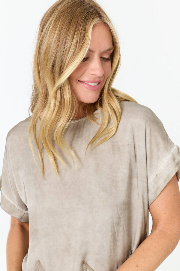 Taupe | Lace Trim Relaxed Cap Sleeve Top