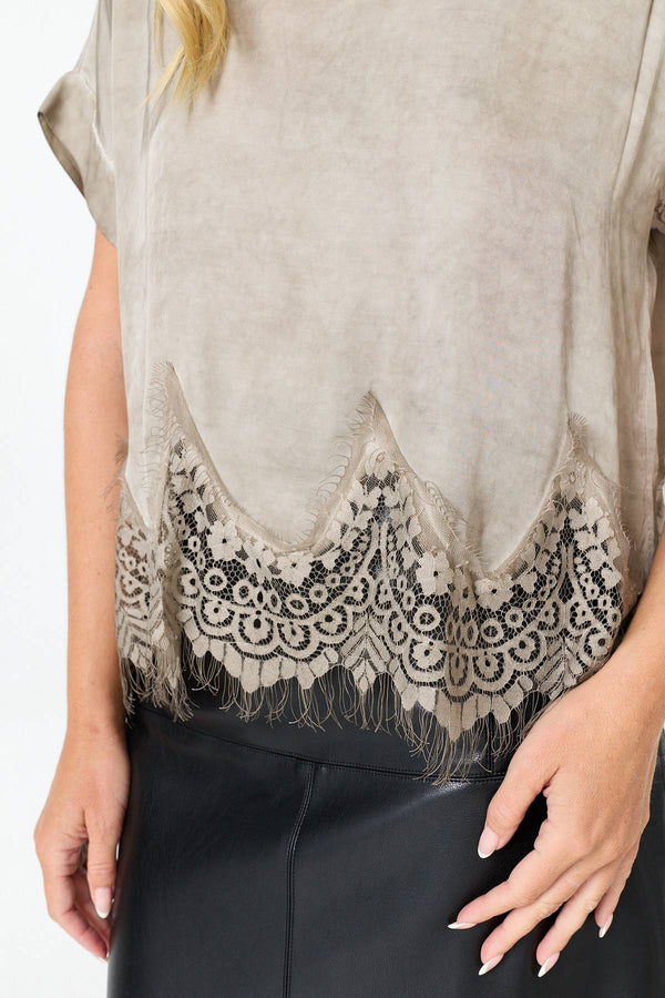 Taupe | Lace Trim Relaxed Cap Sleeve Top