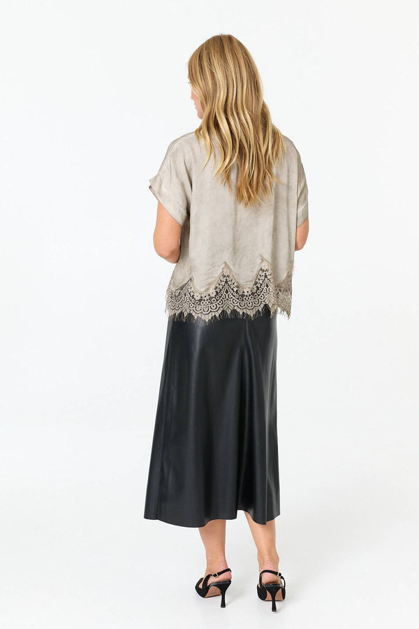 Taupe | Lace Trim Relaxed Cap Sleeve Top
