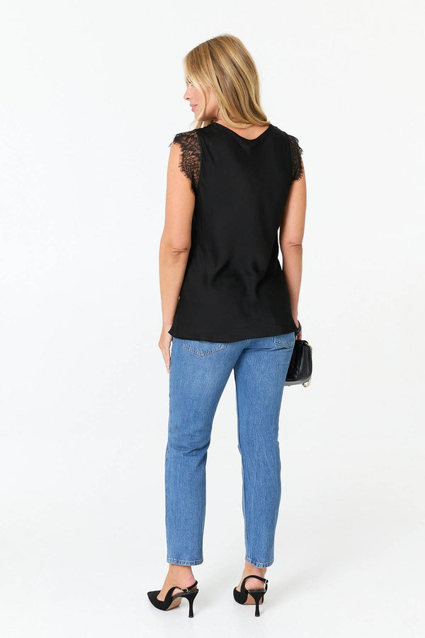 Black | Lace Trim Ruched Satin Texture Top