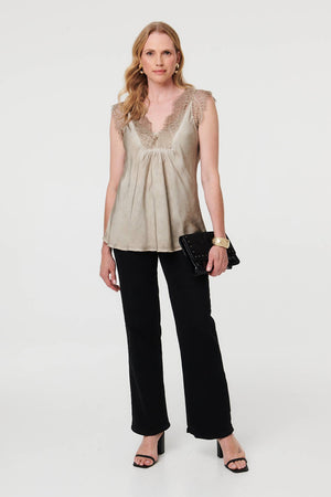 Taupe | Lace Trim Ruched Satin Texture Top