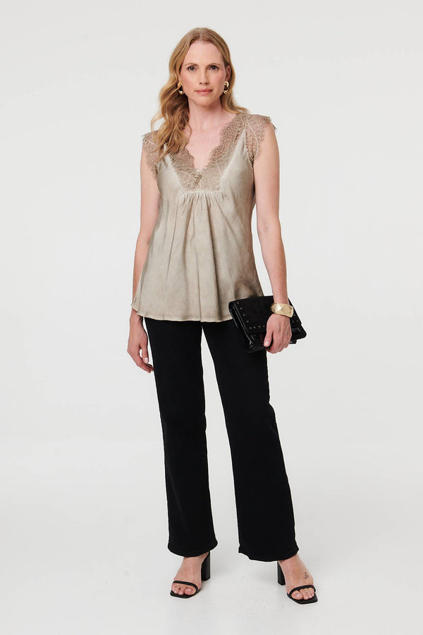 Brown | Lace Trim Ruched Satin Texture Top