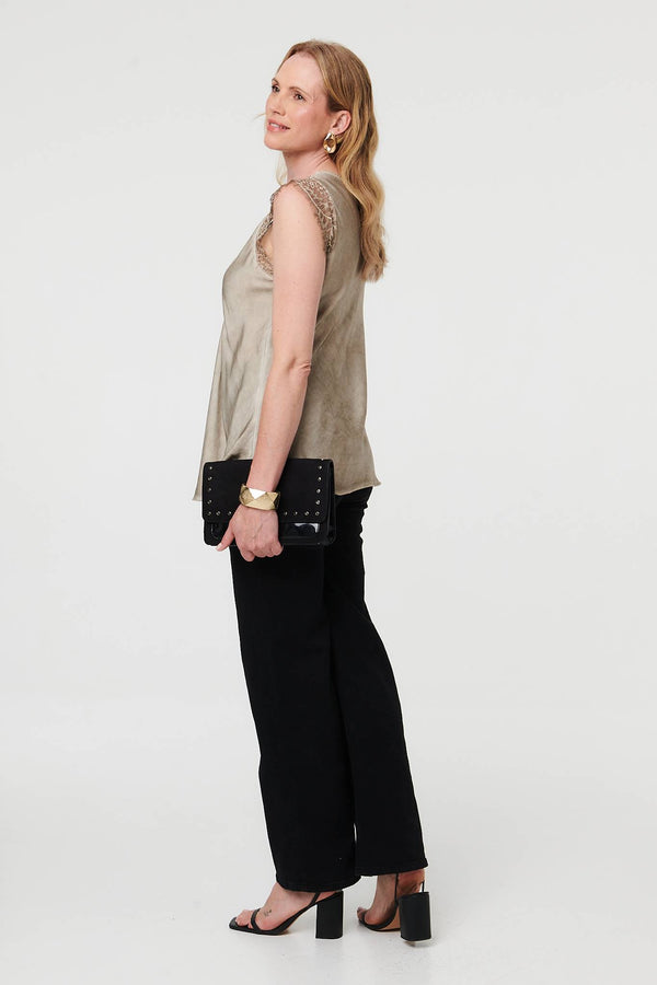Brown | Lace Trim Ruched Satin Texture Top