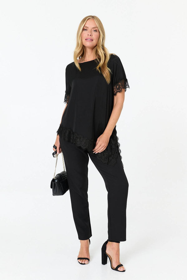 Black | Lace Trim Asymmetric 1/2 Sleeve Top
