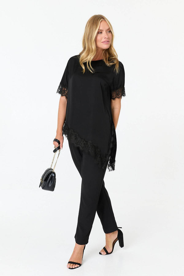 Black | Lace Trim Asymmetric 1/2 Sleeve Top