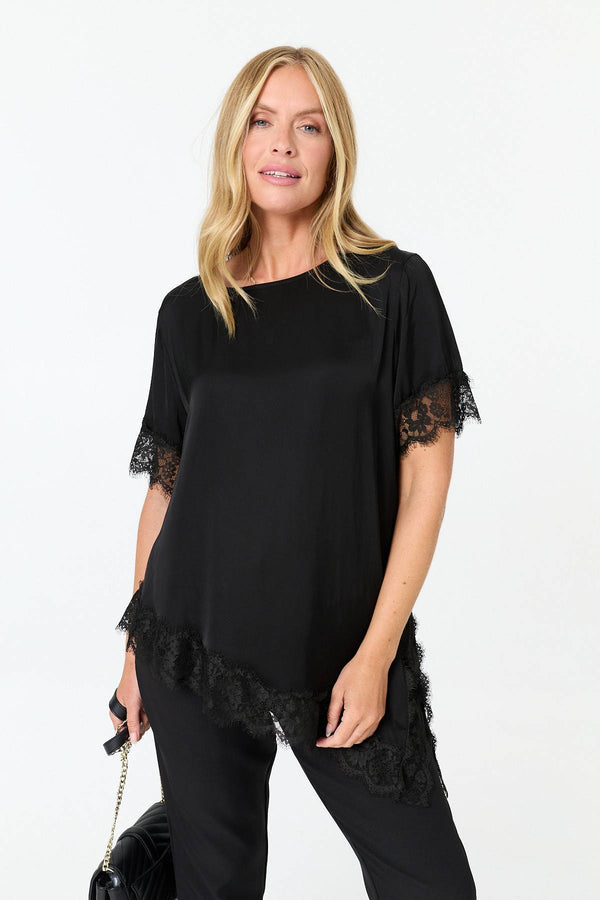 Black | Lace Trim Asymmetric 1/2 Sleeve Top