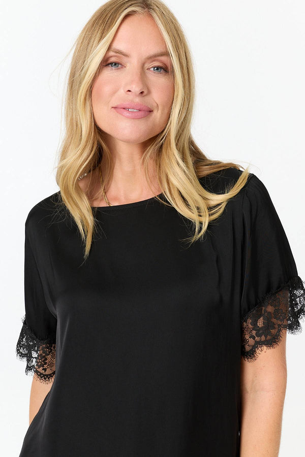 Black | Lace Trim Asymmetric 1/2 Sleeve Top