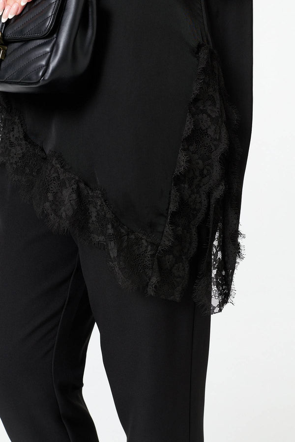 Black | Lace Trim Asymmetric 1/2 Sleeve Top