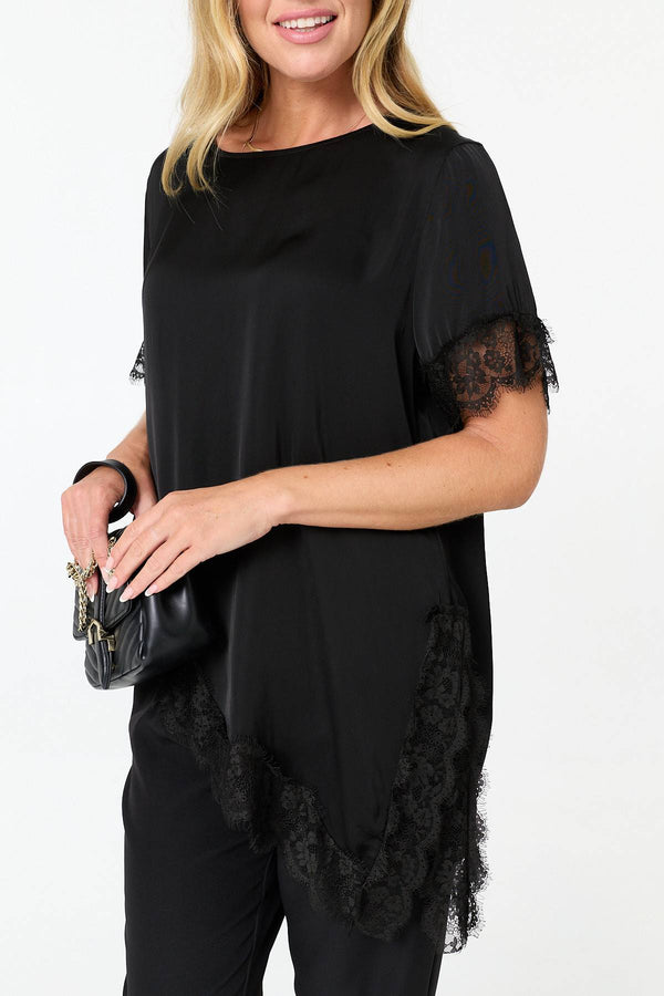 Black | Lace Trim Asymmetric 1/2 Sleeve Top