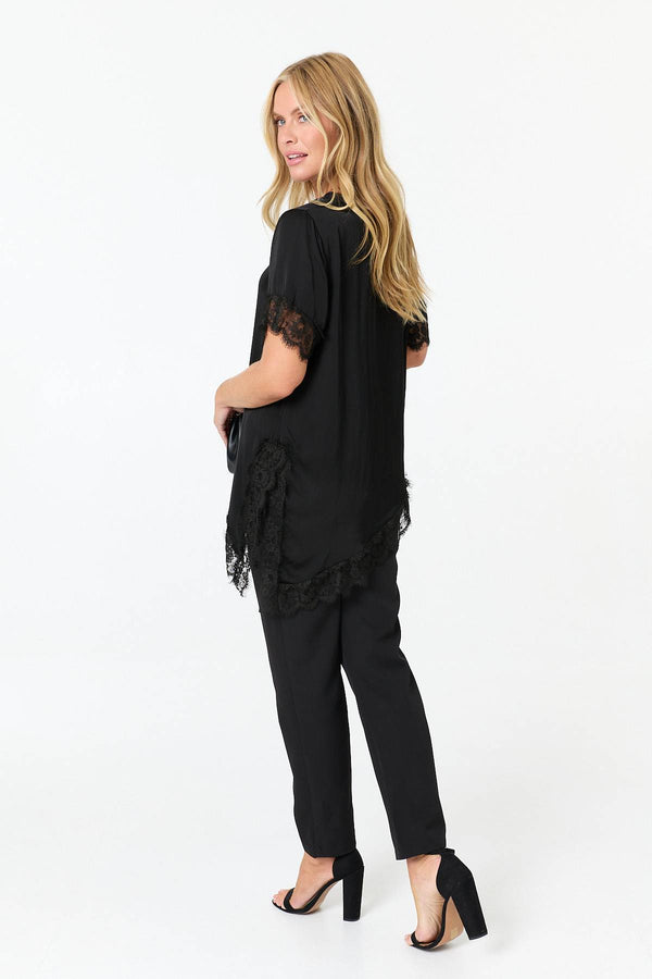 Black | Lace Trim Asymmetric 1/2 Sleeve Top