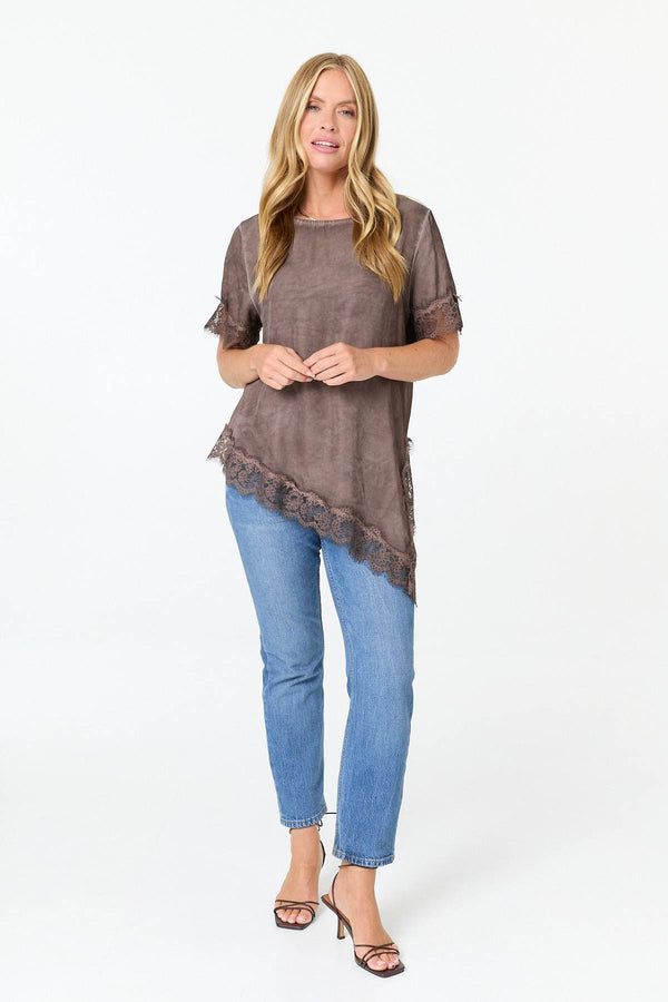 Brown | Lace Trim Asymmetric 1/2 Sleeve Top