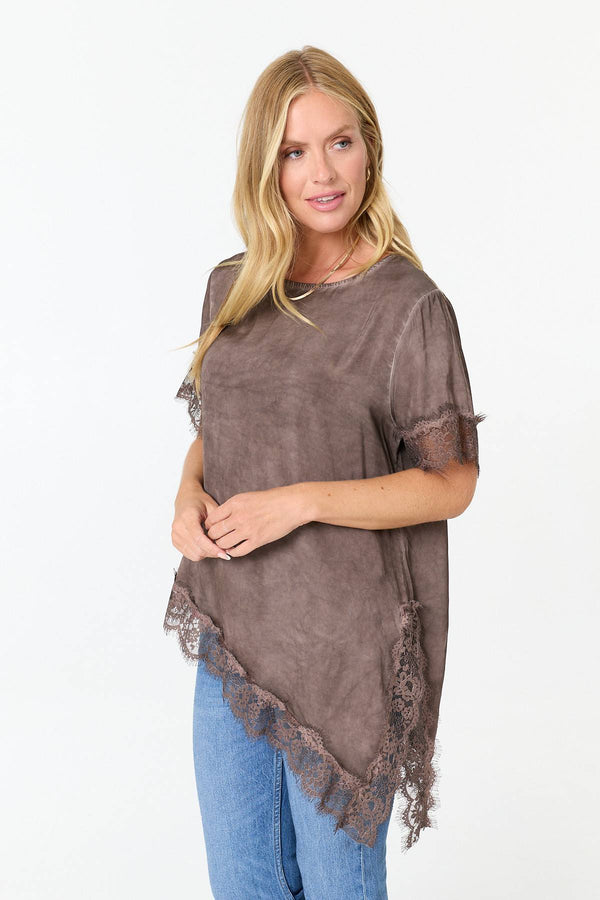 Brown | Lace Trim Asymmetric 1/2 Sleeve Top