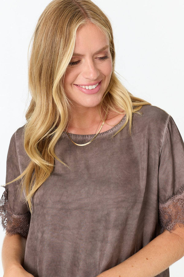 Brown | Lace Trim Asymmetric 1/2 Sleeve Top