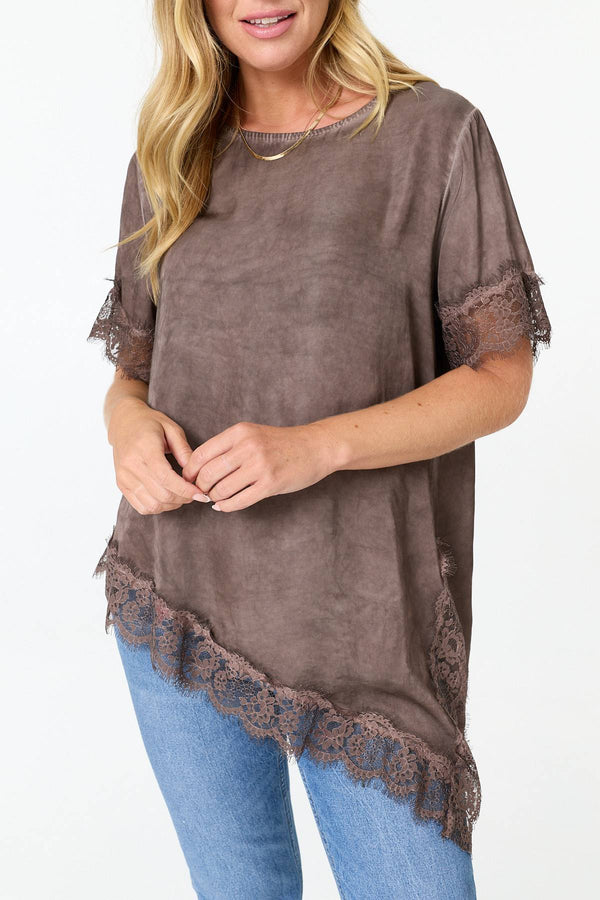 Brown | Lace Trim Asymmetric 1/2 Sleeve Top